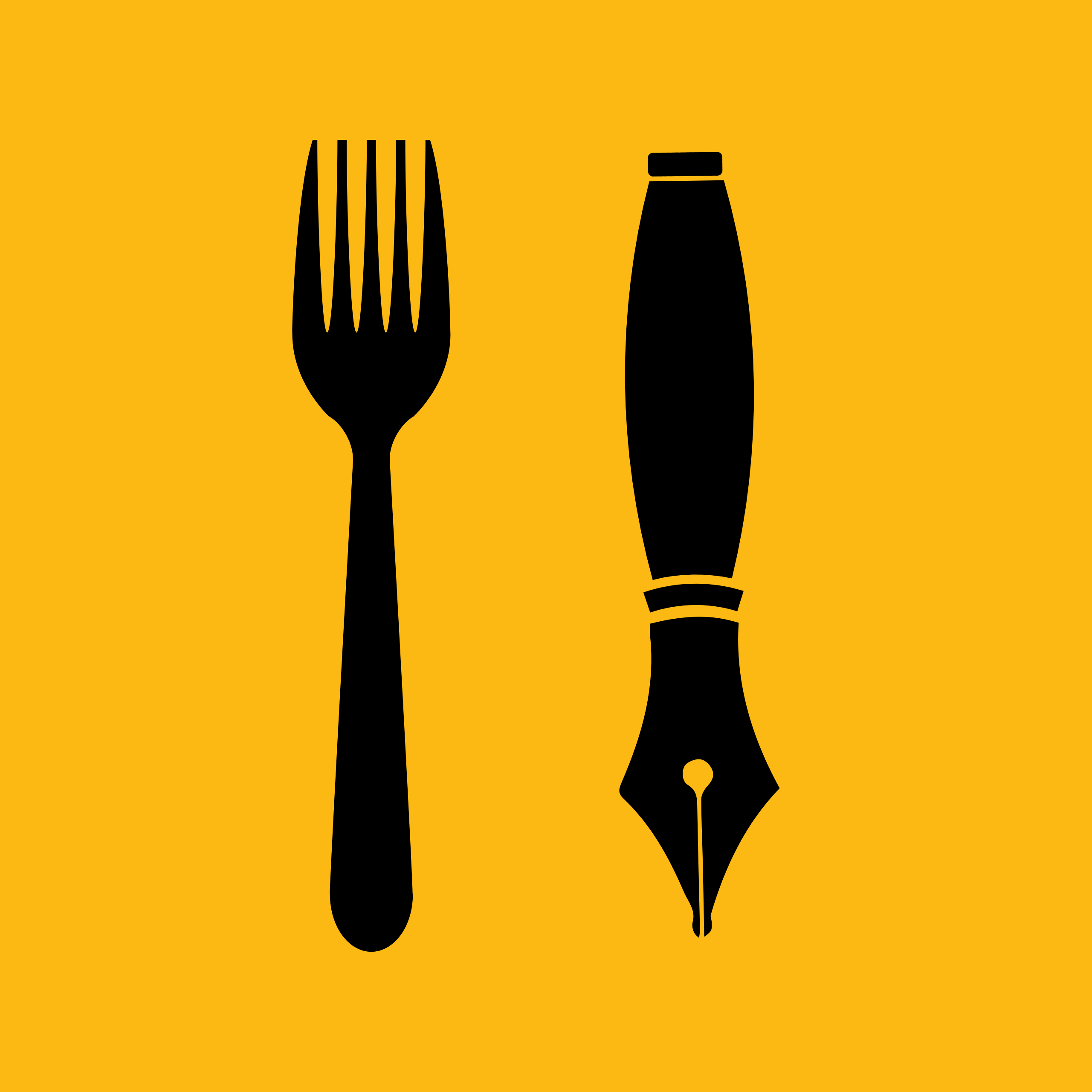 Two black icons, a fork and an ink pen, sit side by side on a mustard yellow background