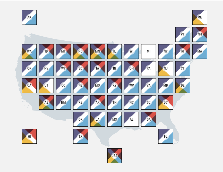 US map with states as square tiles. Tiles have corners randomly colored red, yellow, light blue and dark blue.