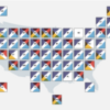 US map with states as square tiles. Tiles have corners randomly colored red, yellow, light blue and dark blue.