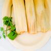 Three tamales wrapped in corn husks on an oval plate with cilantro garnish.